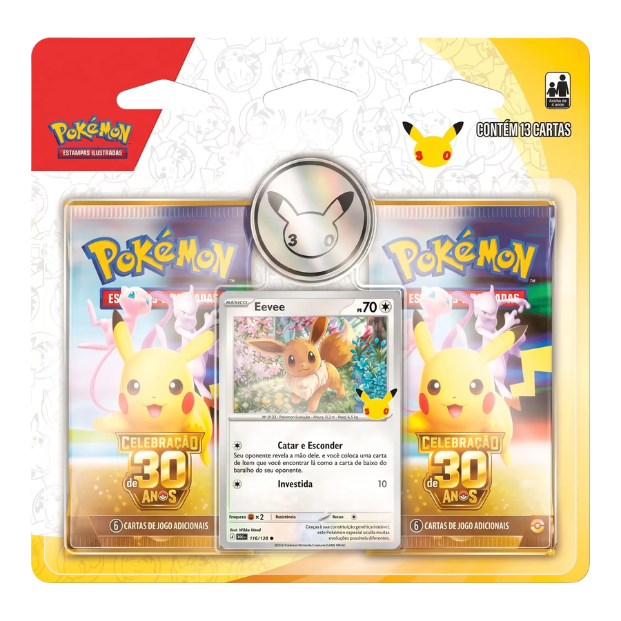 Blister duplo Pokémon Celebração de 30 Anos em português, 13 cartas, com carta promocional de Eevee e moeda comemorativa